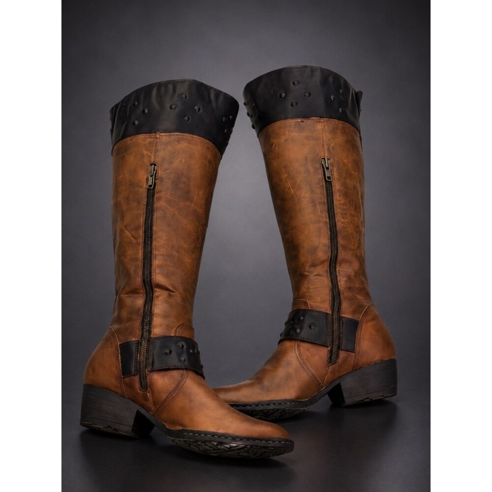 Born Brown Distressed Leather Tall Riding Boots Back Zip Harness Women’s 8.5 EUC